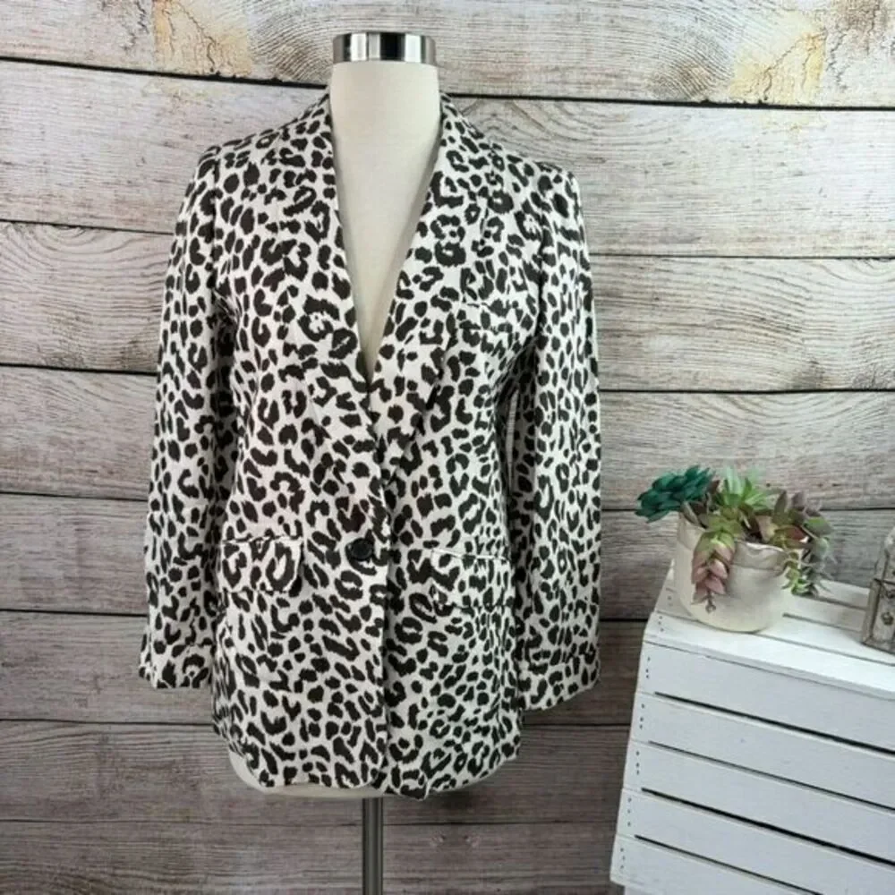 J Crew Women's Size 2 Brown Linen Leopard Print‎ Mid-Length Summer Blazer - Picture 2 of 9